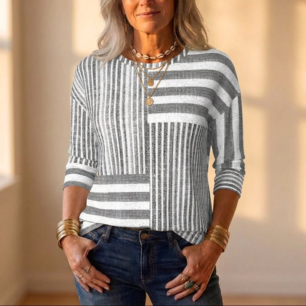 Knit Long Sleeve Top With Gray And White Multi Directional Stripe Pattern