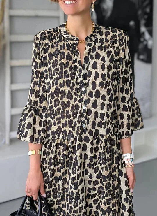 Leopard Print Bell Sleeve Shirt Dress