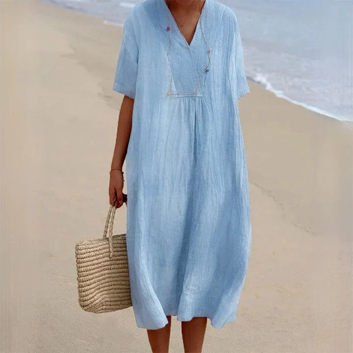 Linen V Neck Midi Dress