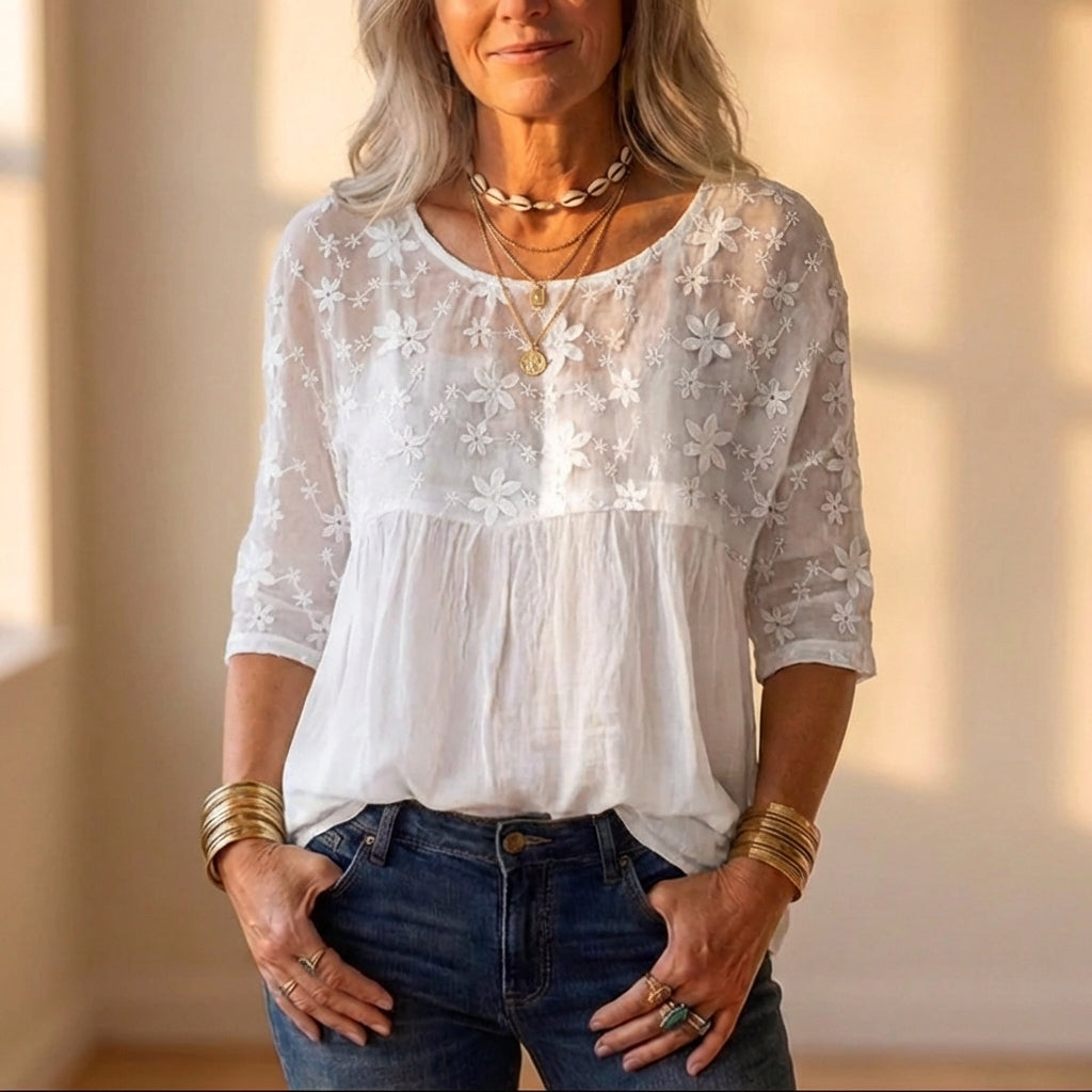 Linen Blouse With Cream Embroidered Daisy Lace