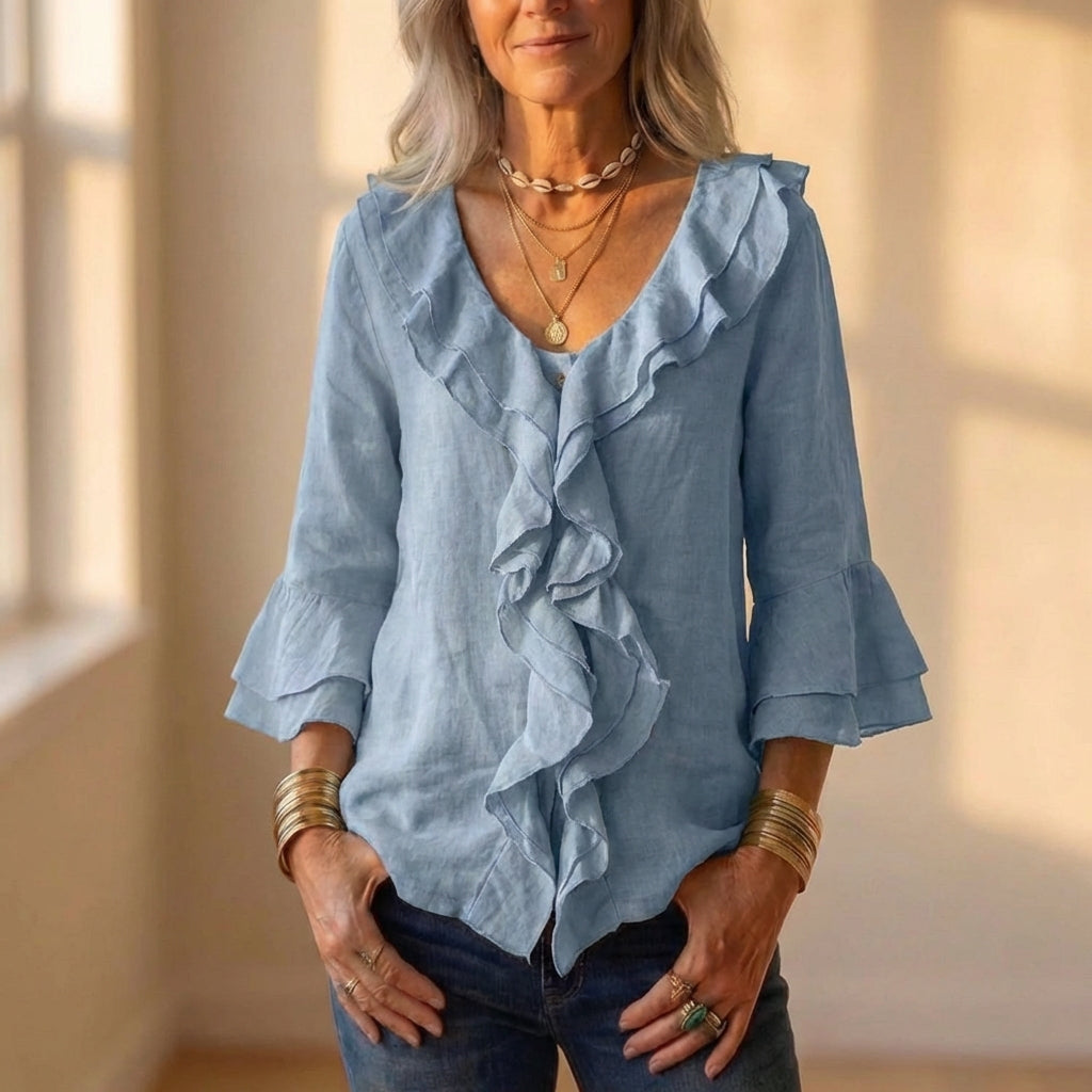 Linen Blouse With Ruffle Detail And Bell Sleeves