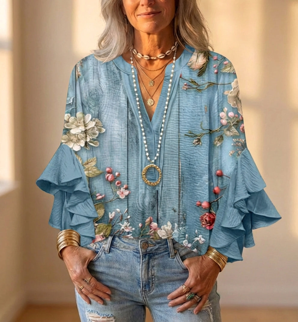 Linen Shirt With Ruffled Sleeves And Floral Embroidery