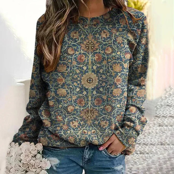 Mosaic Print Long Sleeve Crew Neck Top