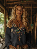 Embroidered Floral V Neck Peasant Top