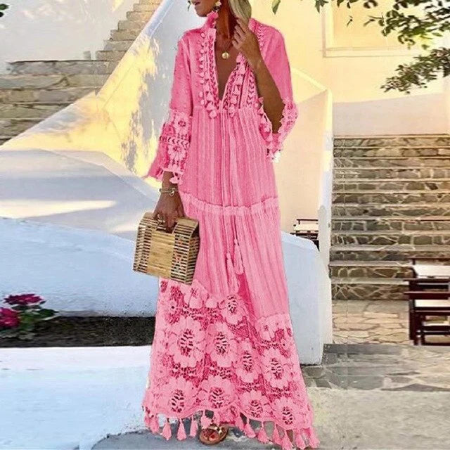 Crochet Lace Tassel Maxi Dress