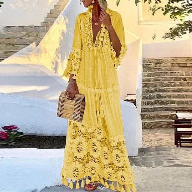 Crochet Lace Tassel Maxi Dress
