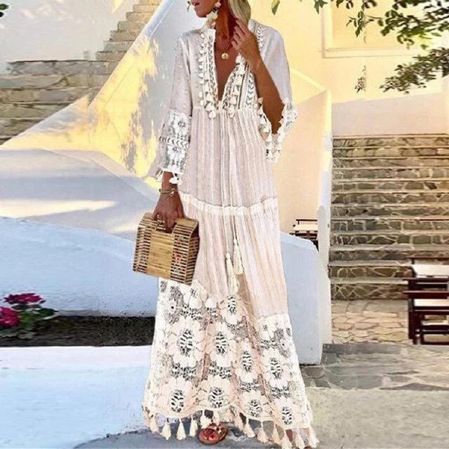 Crochet Lace Tassel Maxi Dress