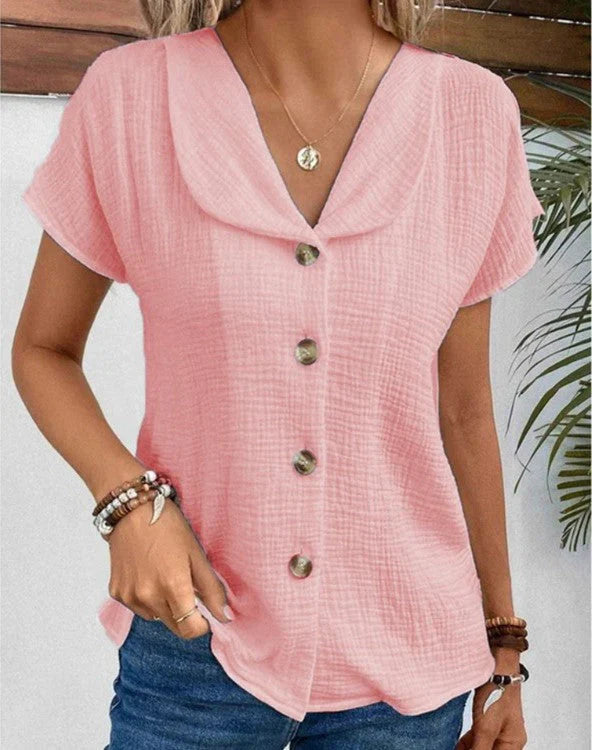 Cotton Button Front V Neck Top