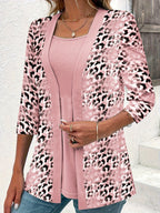 KS Two-piece set, plain top and cardigan with leopard print