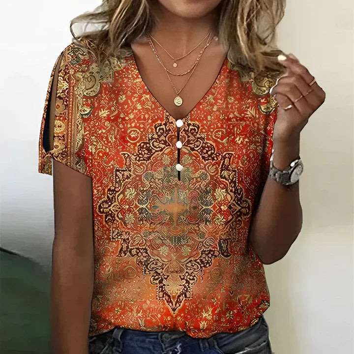 Orange Mandala Print V Neck Short Sleeve Blouse