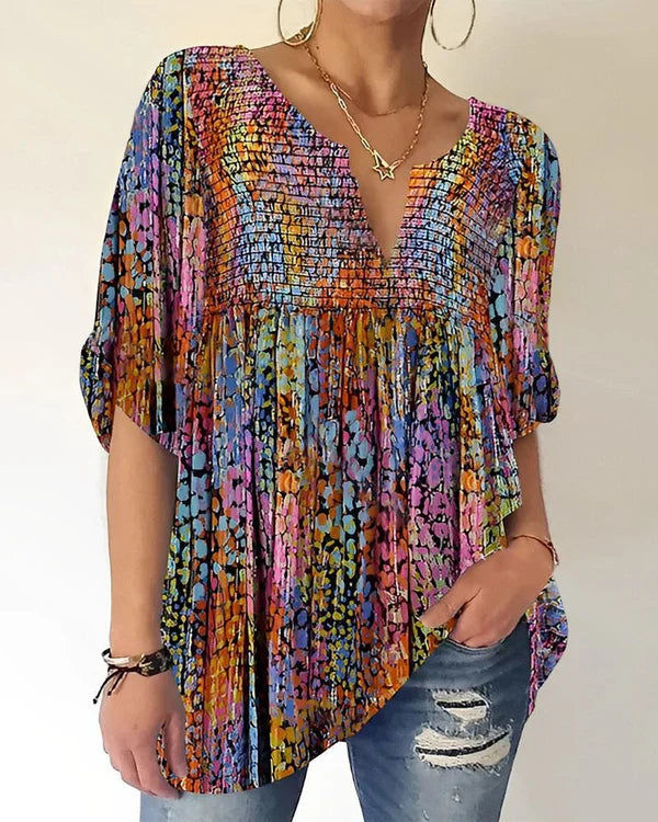 Rainbow Mosaic Print Pleated V Neck Tunic