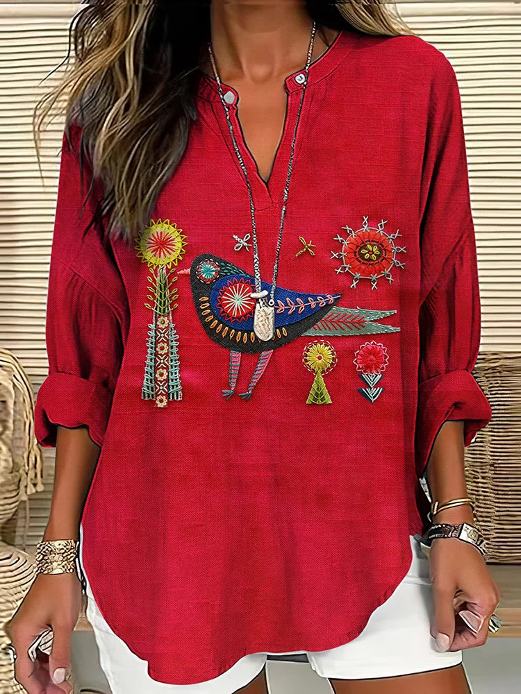 Folk Bird Embroidered Tunic Blouse