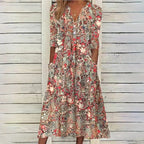 Retro Floral Print V Neck Midi Dress