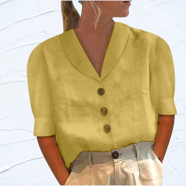 Collared Blouse With Button Detail And Puff Sleeves