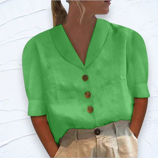 Collared Blouse With Button Detail And Puff Sleeves