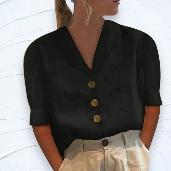 Collared Blouse With Button Detail And Puff Sleeves
