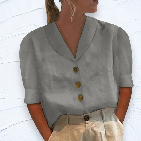 Collared Blouse With Button Detail And Puff Sleeves