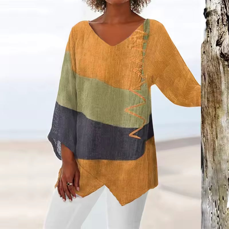 Block V Neck Tunic With Zigzag Stitching
