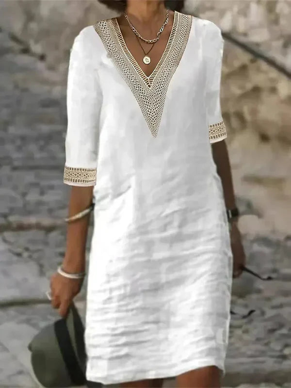 Crochet Trim V Neck Shift Dress