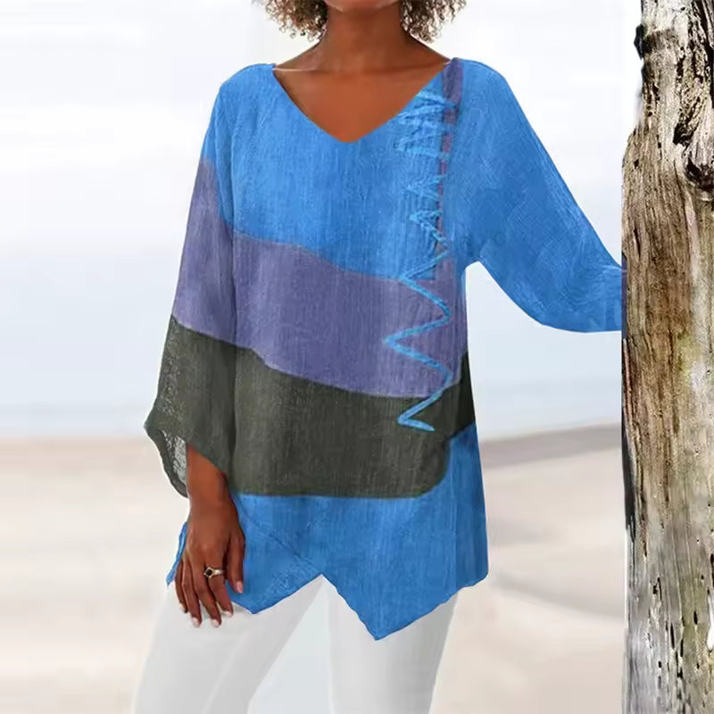 Block V Neck Tunic With Zigzag Stitching