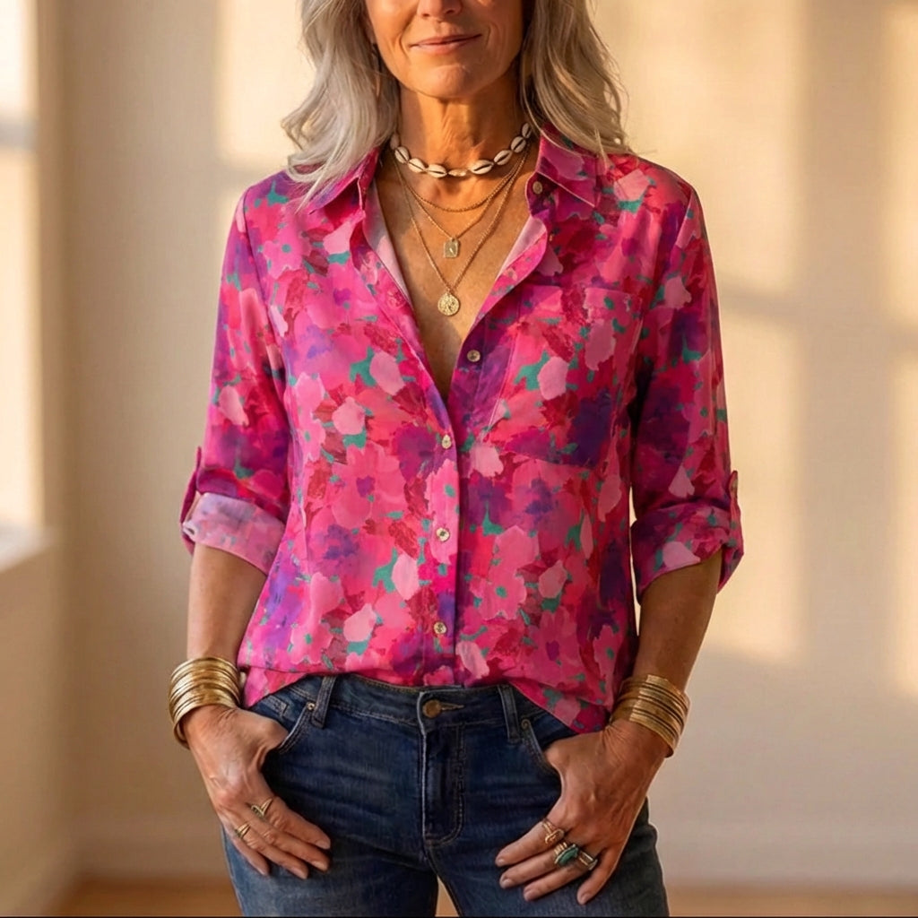 Satin Button Up Shirt With Pink Abstract Floral Print