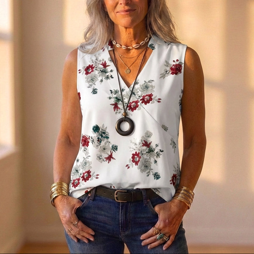 Tank Top White With Red & Gray Floral Pattern