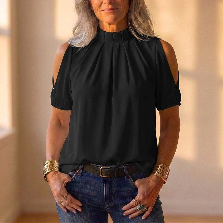 Top Black With Cold Shoulder & Pleated Detail