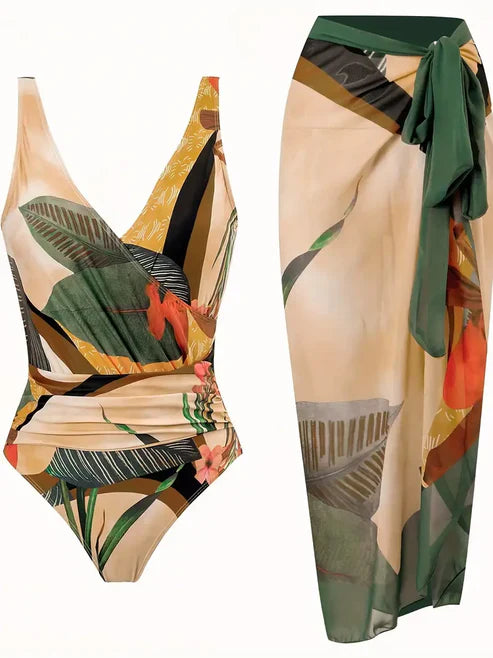 Tropical Print One Piece With Sarong