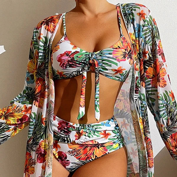Tropical Tie Front Bikini With Kimono