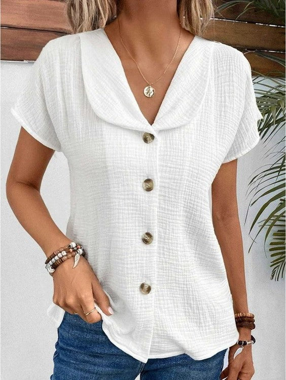 Cotton Button Front V Neck Top