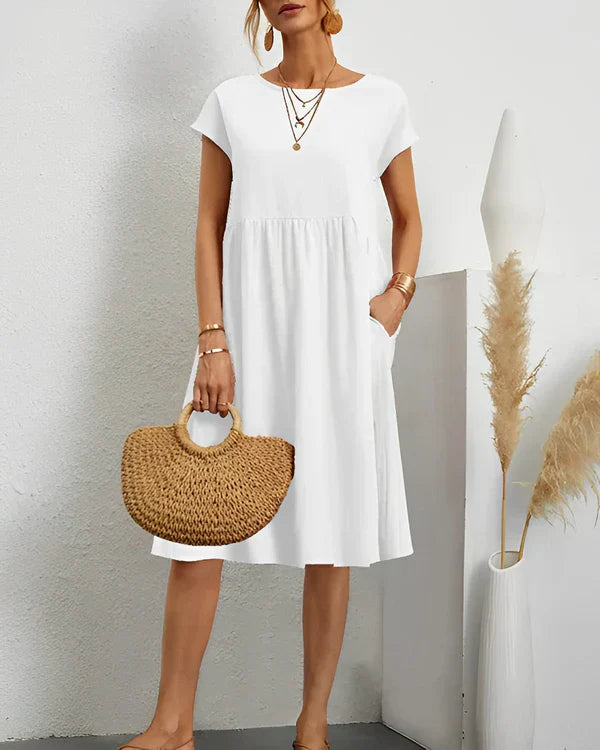 Cotton Gathered Waist Pocket Dress