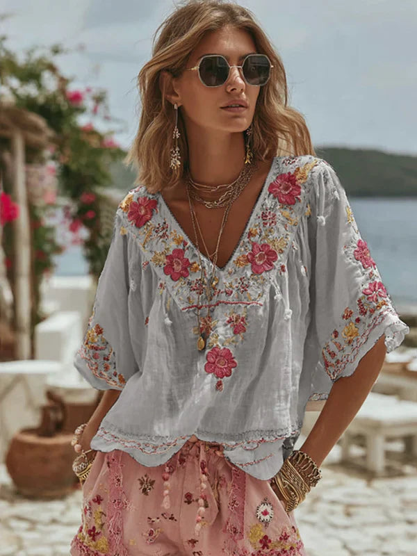 Linen Floral Embroidered Peasant Top