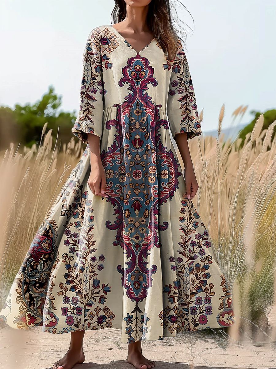 Women's Floral Embellished Patterned Art Printed Flowing V-Neck Cotton