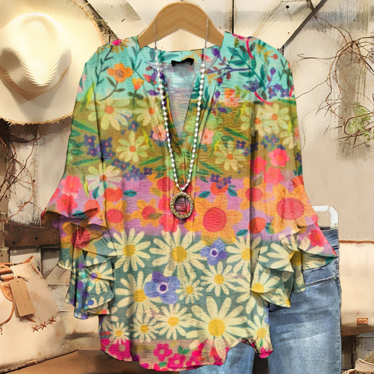 Women's Bohemian Floral Art Print Casual Cotton And Linen Shirt