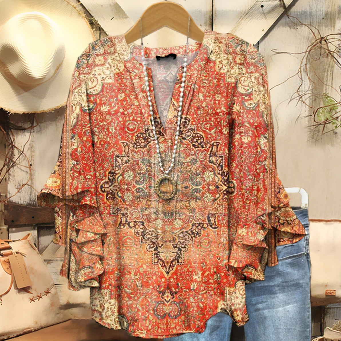 Women's Retro Ethnic Totem Art Pattern Print Casual Cotton Shirt