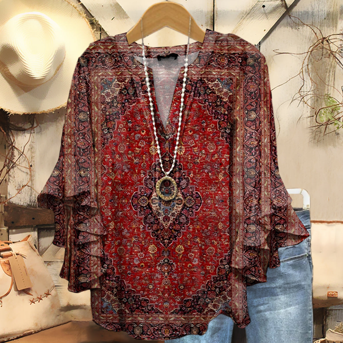 Women's Vintage Retro Ethic Art Print Casual Cotton And Linen Shirt