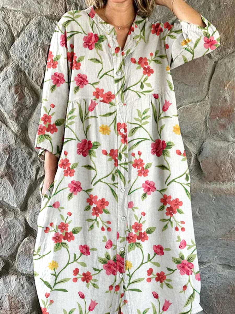 Women's Resort Art Floral Pattern Cotton Shirt Dress