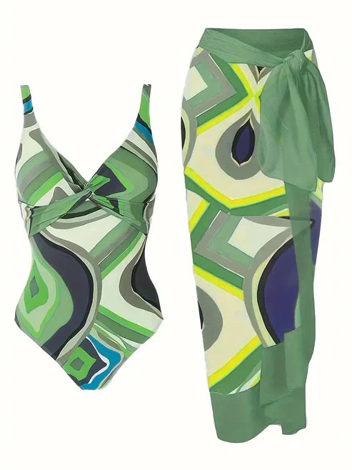 Tropical Print One Piece With Sarong