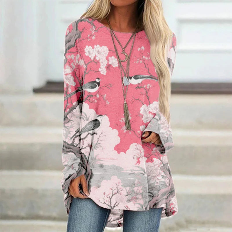 Asian Bird & Blossom Print Tunic