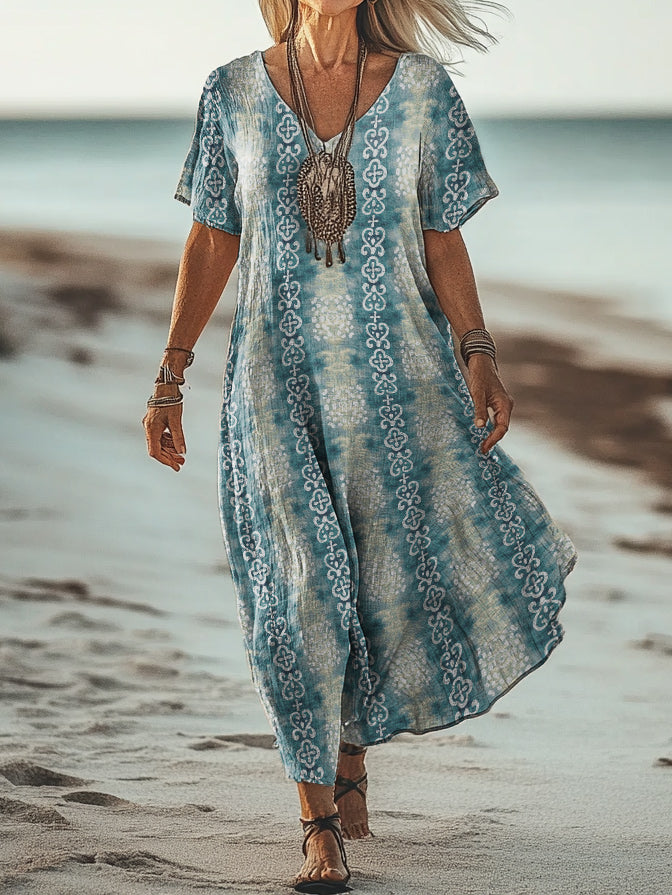 Women's Art Floral Hippie Vintage Print V Neck Dress