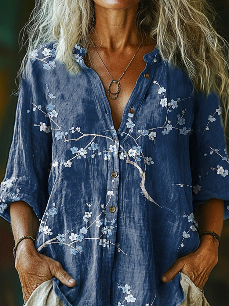Women's Floral Pattern Art Print Casual Cotton Linen Shirt