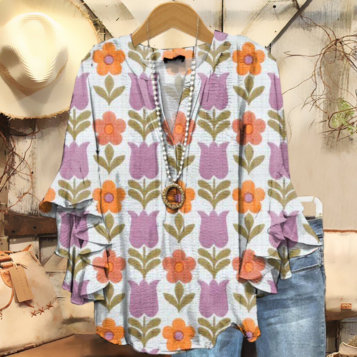 Women's Tulip Art Print Casual Cotton And Linen Shirt