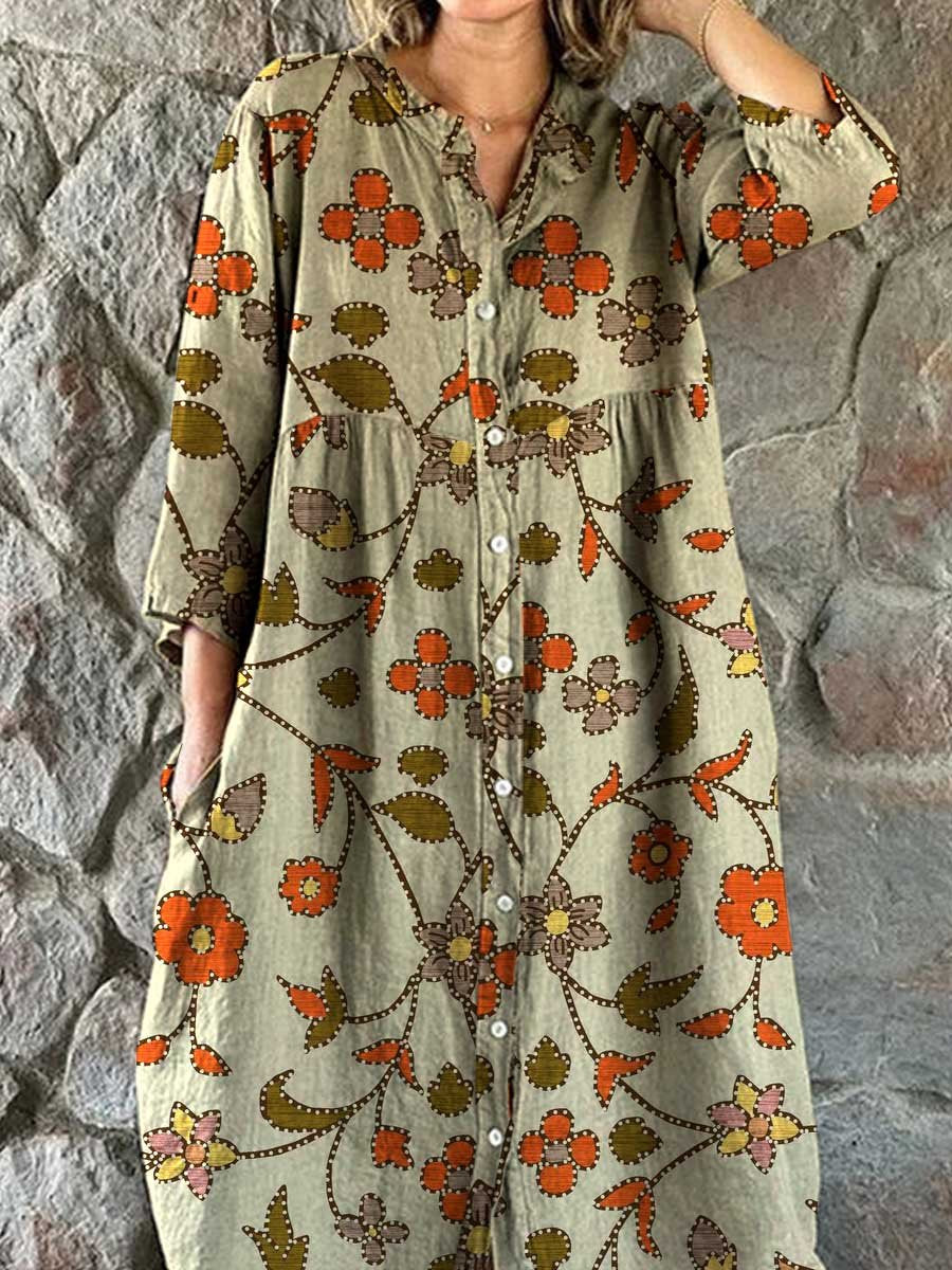 Women's Vintage Pellis Floral Shirt Style Cotton and Linen Dress