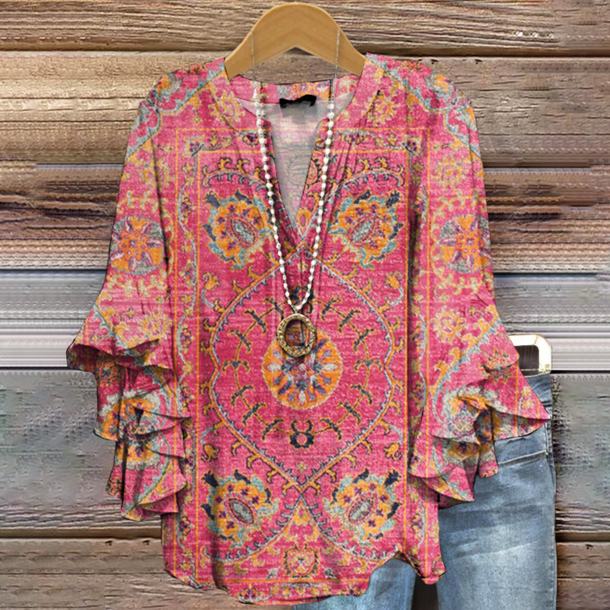 Women's Colorful Retro Totem Art Print Casual Cotton And Linen Shirt