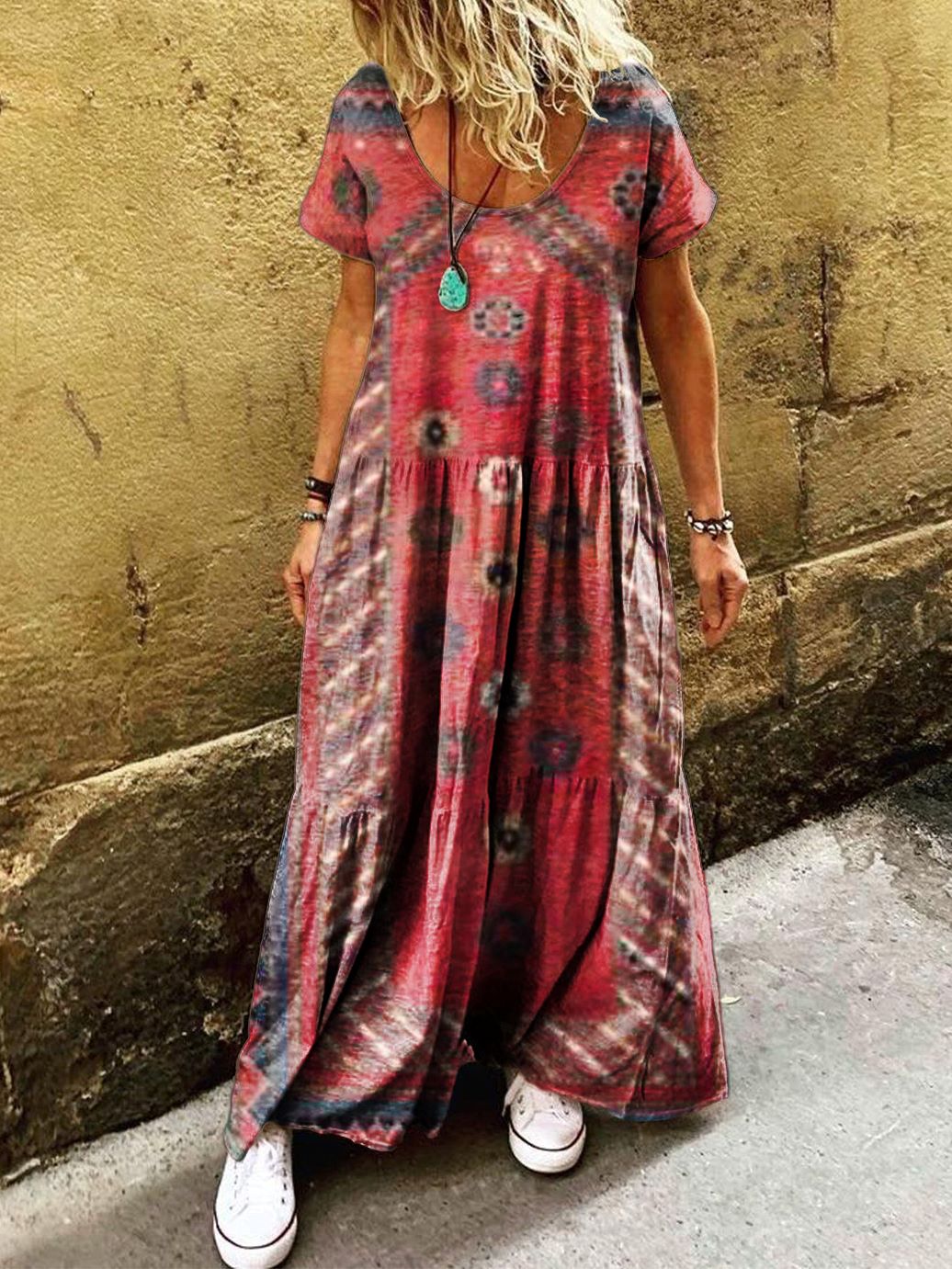 Women's Ethnic Pattern Art Printed Pocket Short Sleeve Cotton Dresses