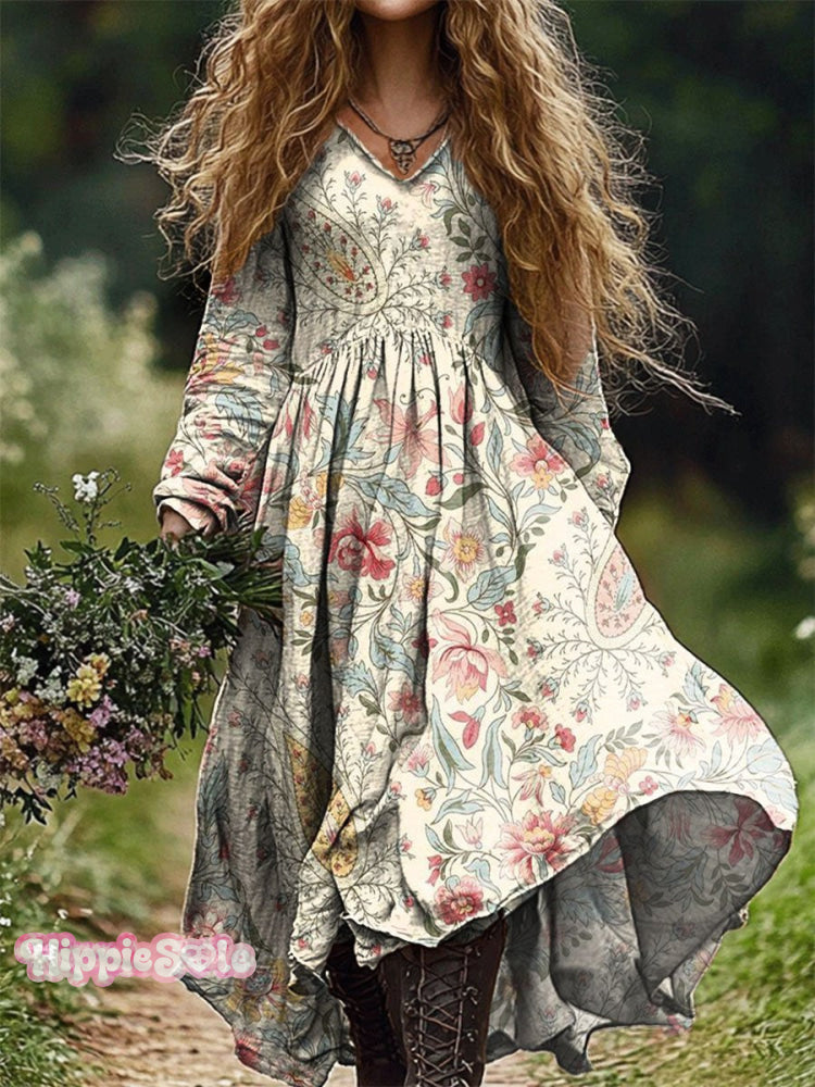 Women's Retro Floral Print Pocket Cotton Dress