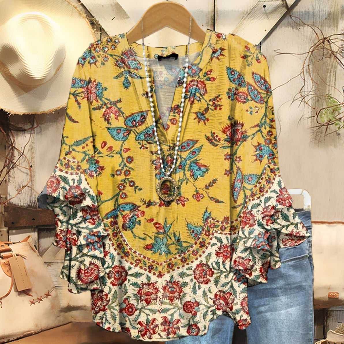 Women's Art Painting Ethnic Floral Contrast Retro Print V-Neck Ruffled