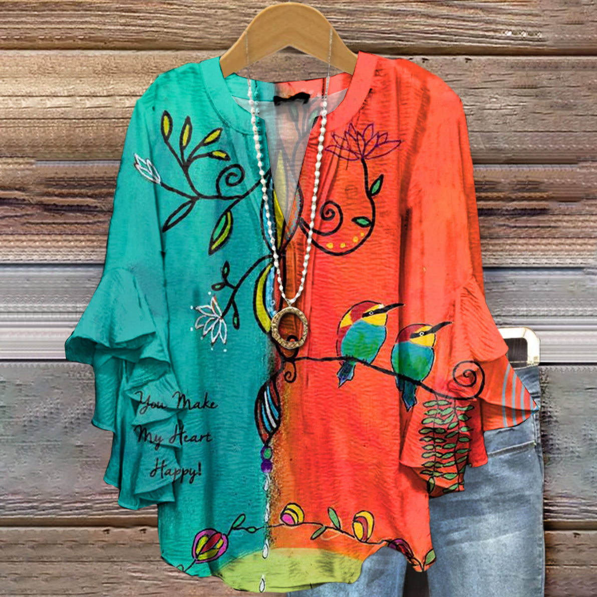 Women's Vintage Floral Bird Art Print Casual Cotton And Linen Shirt