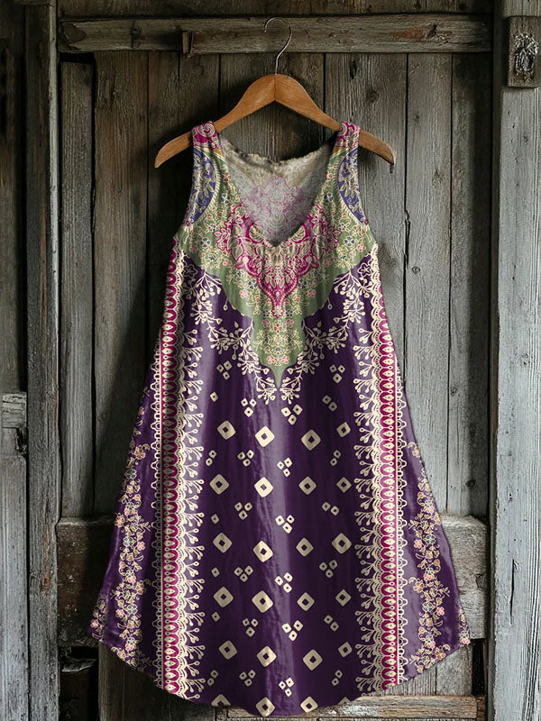 Women's Floral Embellished Pattern Art Print V-Neck Pocket Cotton Dres