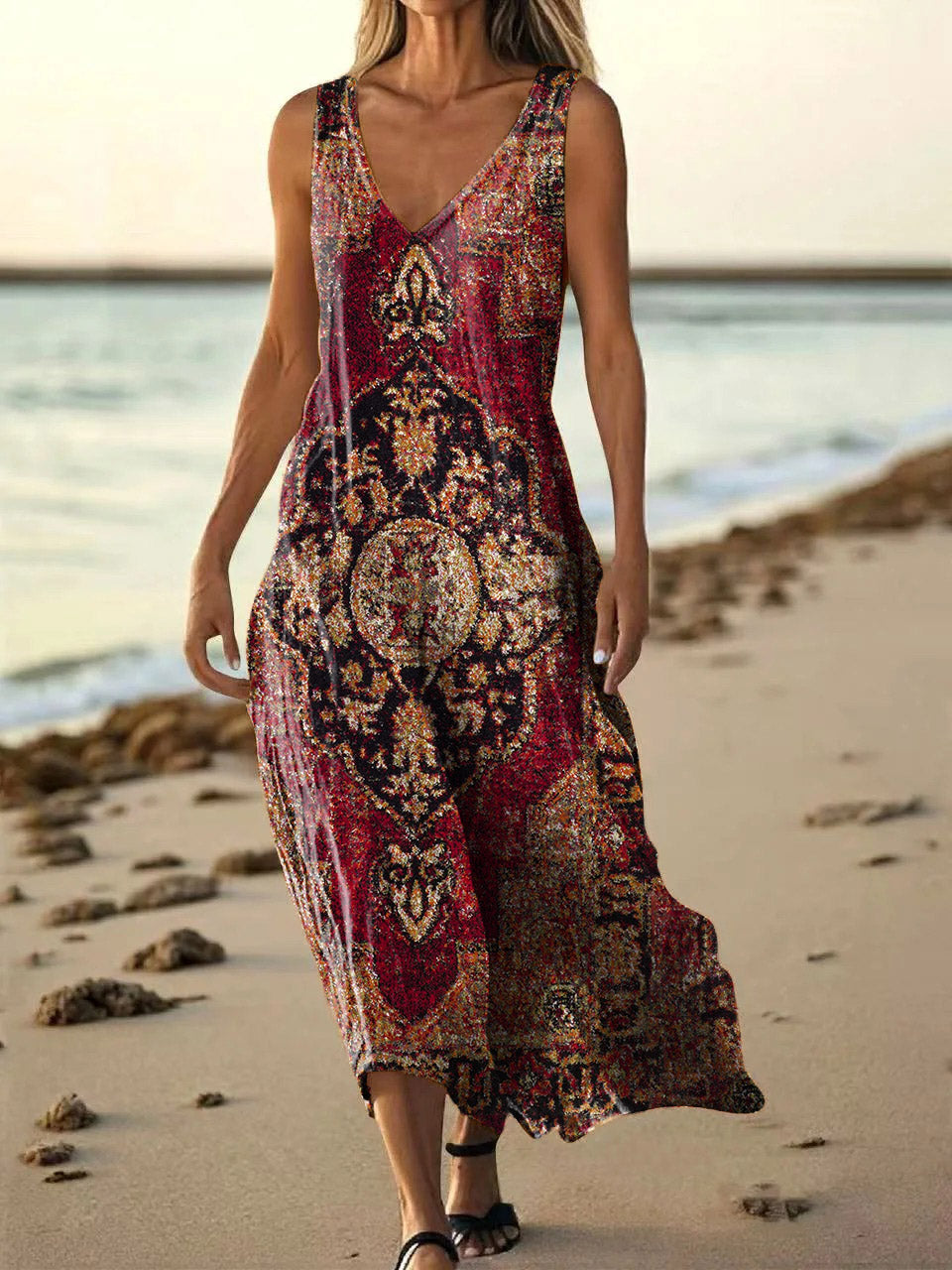 Women's Vintage Ethnic Tattoo Pattern Art Print Pocket Cotton Dresses